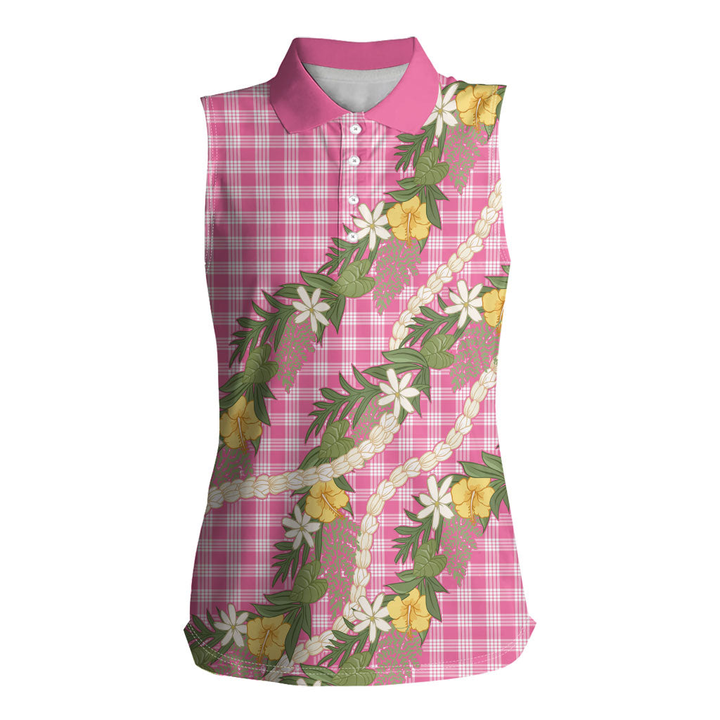 Aloha Puakenikeni Anthurium Pikake Lei Women Sleeveless Polo Shirt Tropical Pink Hawaiian Palaka Pattern LT9 Female Pink - Polynesian Pride