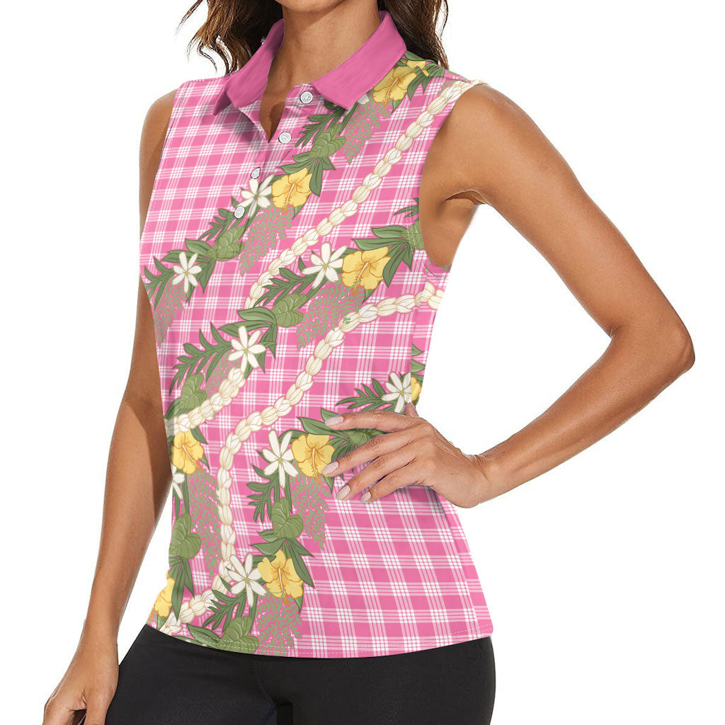 Aloha Puakenikeni Anthurium Pikake Lei Women Sleeveless Polo Shirt Tropical Pink Hawaiian Palaka Pattern LT9 - Polynesian Pride