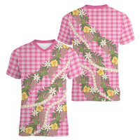 Aloha Puakenikeni Anthurium Pikake Lei Women V-Neck T-Shirt Tropical Pink Hawaiian Palaka Pattern LT9 - Polynesian Pride