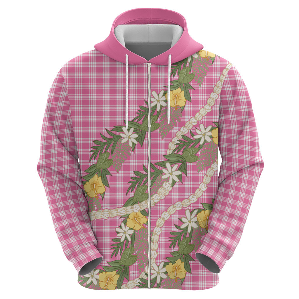 Aloha Puakenikeni Anthurium Pikake Lei Zip Hoodie Tropical Pink Hawaiian Palaka Pattern