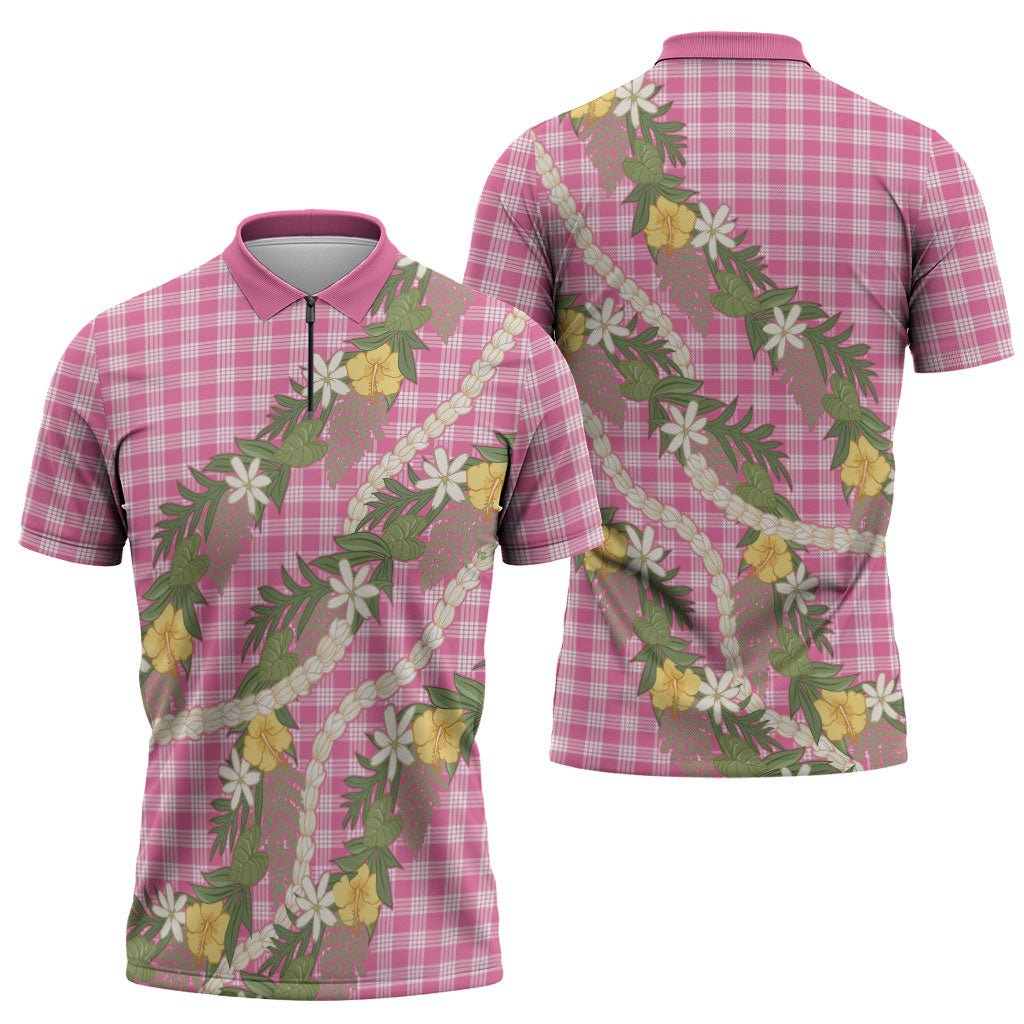 Aloha Puakenikeni Anthurium Pikake Lei Zipper Polo Shirt Tropical Pink Hawaiian Palaka Pattern LT9 - Polynesian Pride