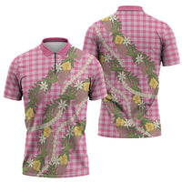 Aloha Puakenikeni Anthurium Pikake Lei Zipper Polo Shirt Tropical Pink Hawaiian Palaka Pattern LT9 - Polynesian Pride
