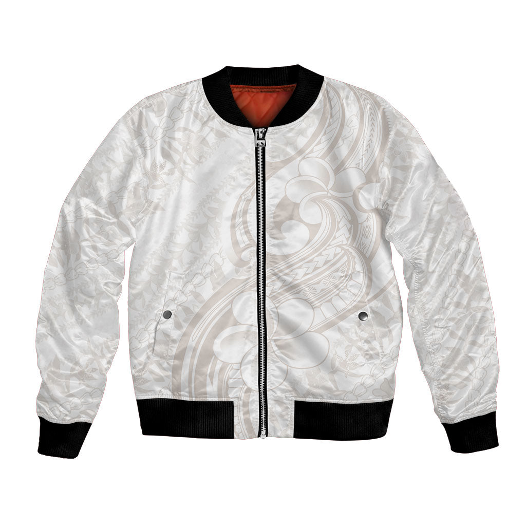 Hawaii Plumeria Lokelani Pikake Lei Bomber Jacket Sandy Beige Polynesian Tattoo