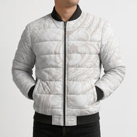 Hawaii Plumeria Lokelani Pikake Lei Bomber Puffer Jacket Sandy Beige Polynesian Tattoo