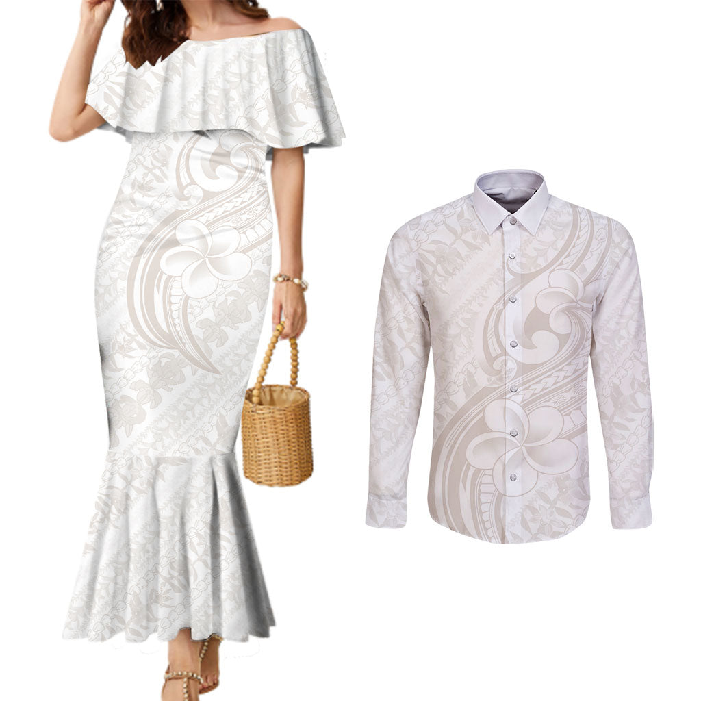 Hawaii Plumeria Lokelani Pikake Lei Couples Matching Mermaid Dress and Long Sleeve Button Shirt Sandy Beige Polynesian Tattoo