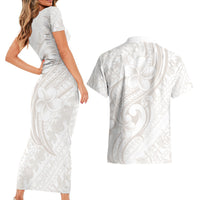 Hawaii Plumeria Lokelani Pikake Lei Couples Matching Short Sleeve Bodycon Dress and Hawaiian Shirt Sandy Beige Polynesian Tattoo LT9 - Polynesian Pride