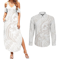 Hawaii Plumeria Lokelani Pikake Lei Couples Matching Summer Maxi Dress and Long Sleeve Button Shirt Sandy Beige Polynesian Tattoo LT9 Beige - Polynesian Pride