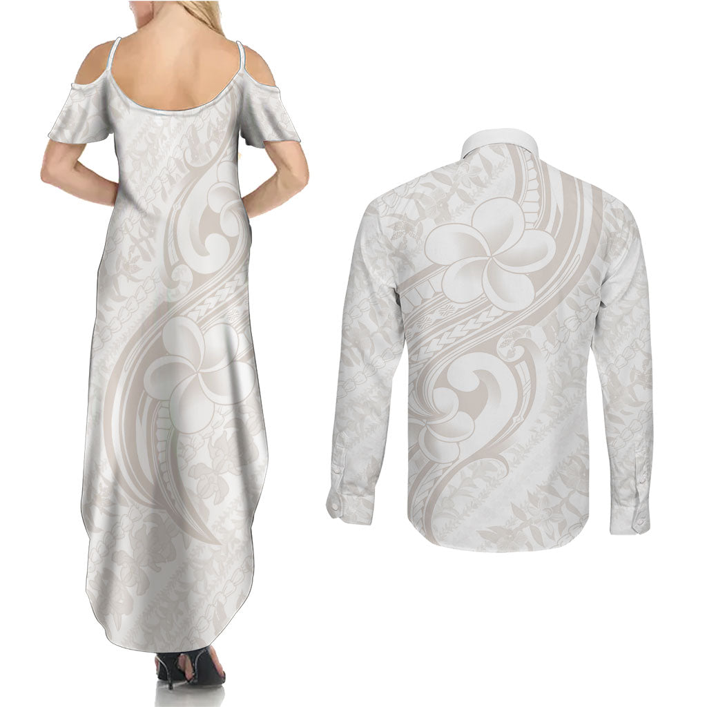 Hawaii Plumeria Lokelani Pikake Lei Couples Matching Summer Maxi Dress and Long Sleeve Button Shirt Sandy Beige Polynesian Tattoo LT9 - Polynesian Pride