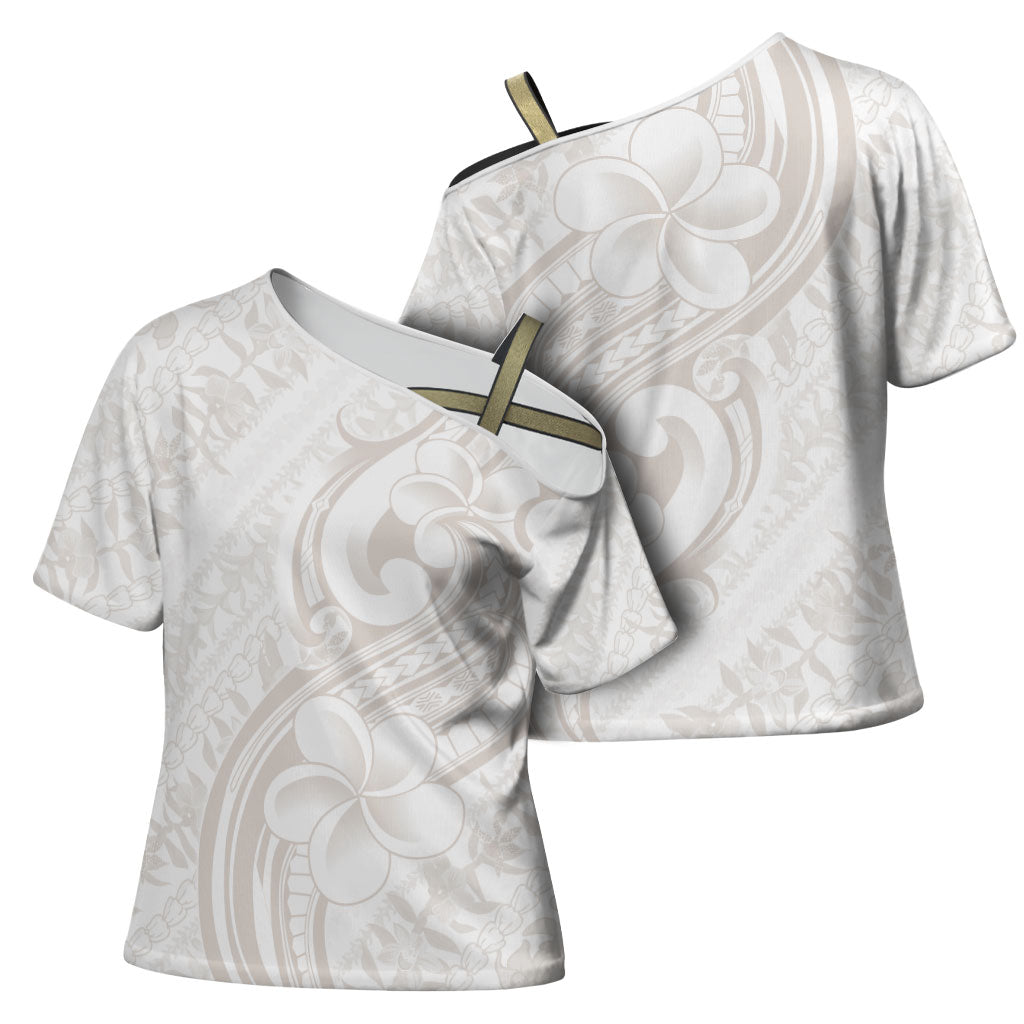 Hawaii Plumeria Lokelani Pikake Lei Cross Shoulder Shirt Sandy Beige Polynesian Tattoo