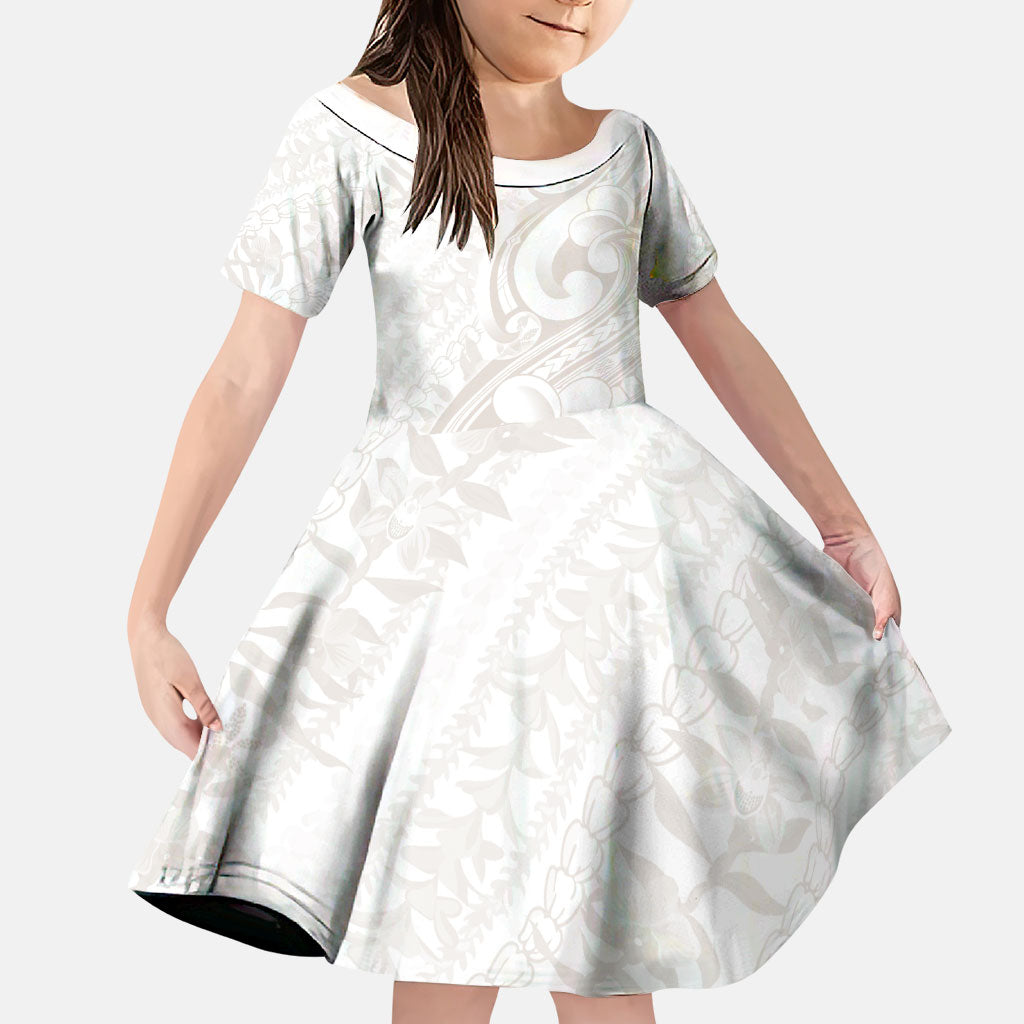Hawaii Plumeria Lokelani Pikake Lei Family Matching Off The Shoulder Long Sleeve Dress and Hawaiian Shirt Sandy Beige Polynesian Tattoo LT9 Daughter's Dress Beige - Polynesian Pride