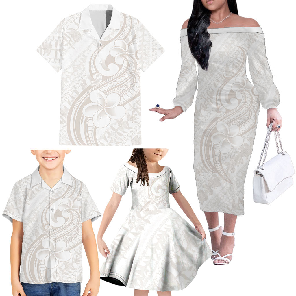 Hawaii Plumeria Lokelani Pikake Lei Family Matching Off The Shoulder Long Sleeve Dress and Hawaiian Shirt Sandy Beige Polynesian Tattoo