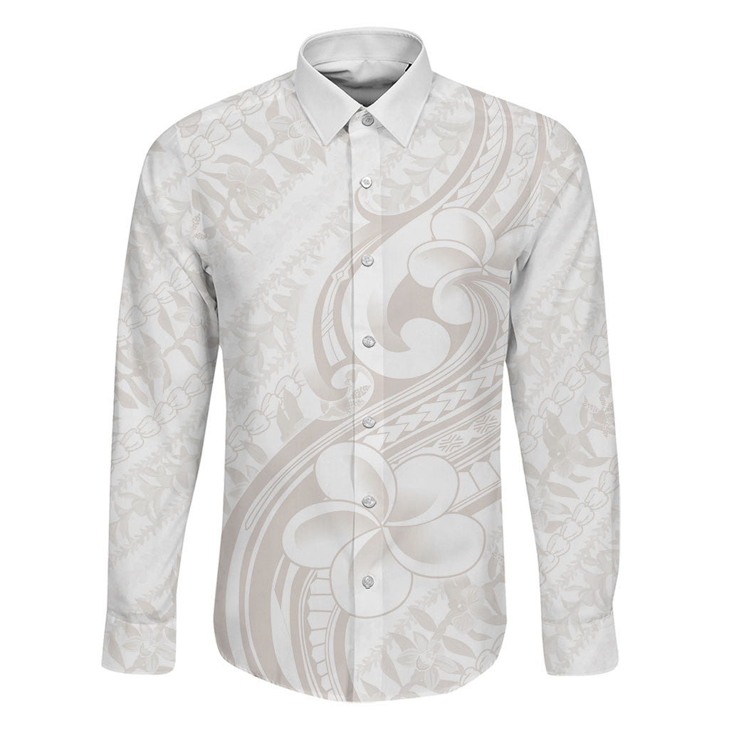 Hawaii Plumeria Lokelani Pikake Lei Family Matching Off The Shoulder Long Sleeve Dress and Hawaiian Shirt Sandy Beige Polynesian Tattoo LT9 Dad's Shirt - Long Sleeve Beige - Polynesian Pride