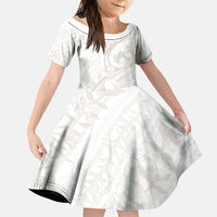 Hawaii Plumeria Lokelani Pikake Lei Family Matching Off Shoulder Maxi Dress and Hawaiian Shirt Sandy Beige Polynesian Tattoo LT9 Daughter's Dress Beige - Polynesian Pride