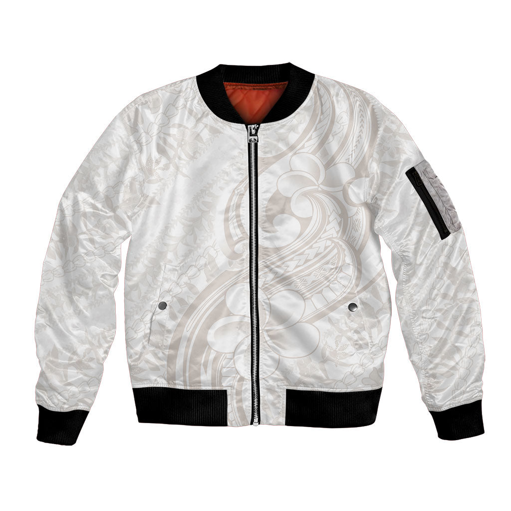 Hawaii Plumeria Lokelani Pikake Lei Sleeve Zip Bomber Jacket Sandy Beige Polynesian Tattoo LT9 Unisex Beige - Polynesian Pride