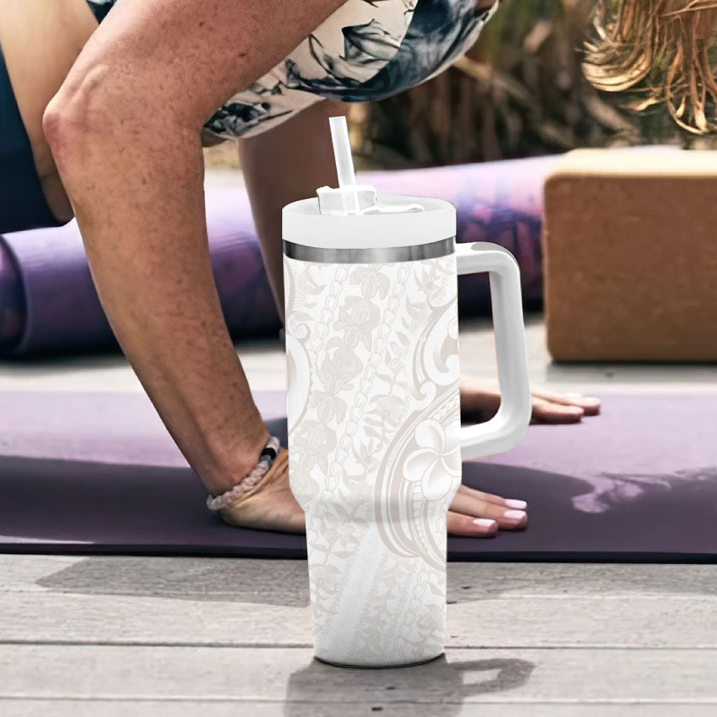 Hawaii Plumeria Lokelani Pikake Lei Tumbler With Handle Sandy Beige Polynesian Tattoo