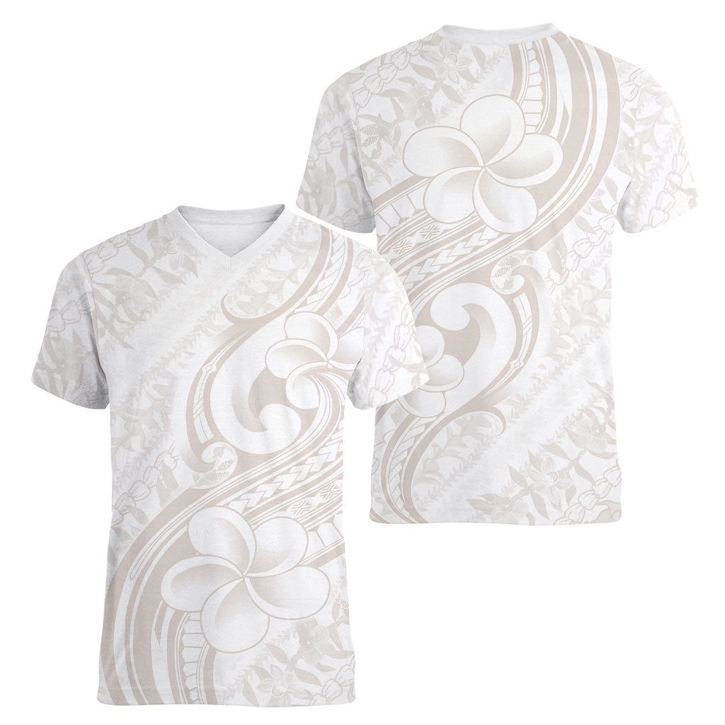 Hawaii Plumeria Lokelani Pikake Lei Women V-Neck T-Shirt Sandy Beige Polynesian Tattoo LT9 - Polynesian Pride