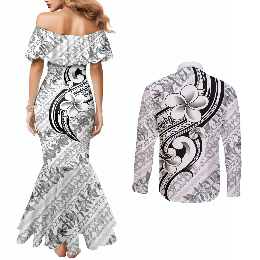 Hawaii Plumeria Lokelani Pikake Lei Couples Matching Mermaid Dress and Long Sleeve Button Shirt Ele'ele Polynesian Tattoo LT9 - Polynesian Pride