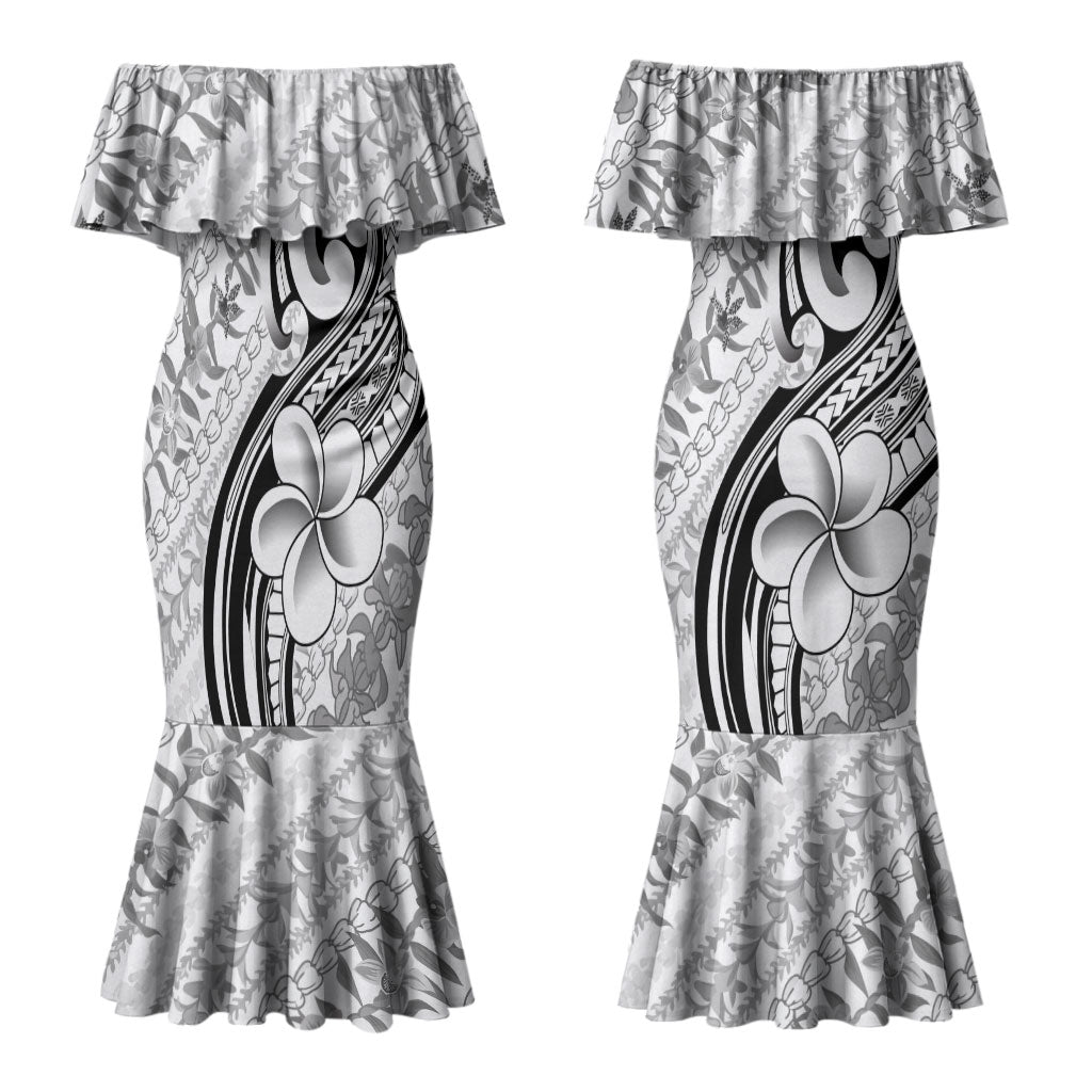 Hawaii Plumeria Lokelani Pikake Lei Couples Matching Mermaid Dress and Long Sleeve Button Shirt Ele'ele Polynesian Tattoo LT9 - Polynesian Pride