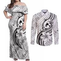 Hawaii Plumeria Lokelani Pikake Lei Couples Matching Off Shoulder Maxi Dress and Long Sleeve Button Shirt Ele'ele Polynesian Tattoo LT9 Black - Polynesian Pride