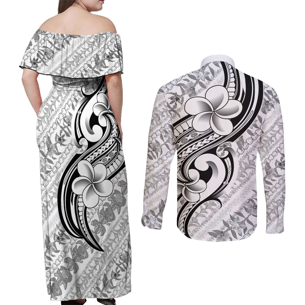 Hawaii Plumeria Lokelani Pikake Lei Couples Matching Off Shoulder Maxi Dress and Long Sleeve Button Shirt Ele'ele Polynesian Tattoo LT9 - Polynesian Pride