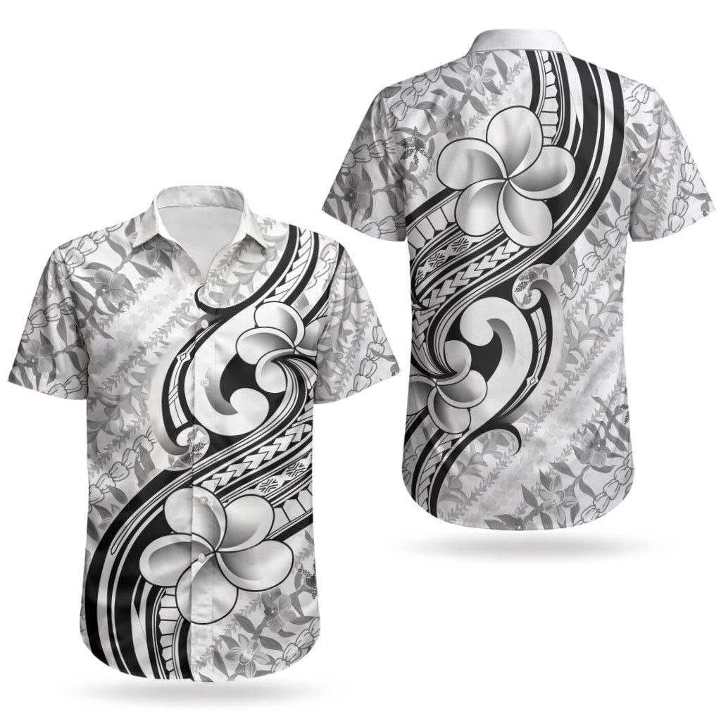 Hawaii Plumeria Lokelani Pikake Lei Couples Matching Off Shoulder Short Dress and Hawaiian Shirt Ele'ele Polynesian Tattoo LT9 - Polynesian Pride