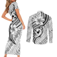Hawaii Plumeria Lokelani Pikake Lei Couples Matching Short Sleeve Bodycon Dress and Long Sleeve Button Shirt Ele'ele Polynesian Tattoo LT9 - Polynesian Pride