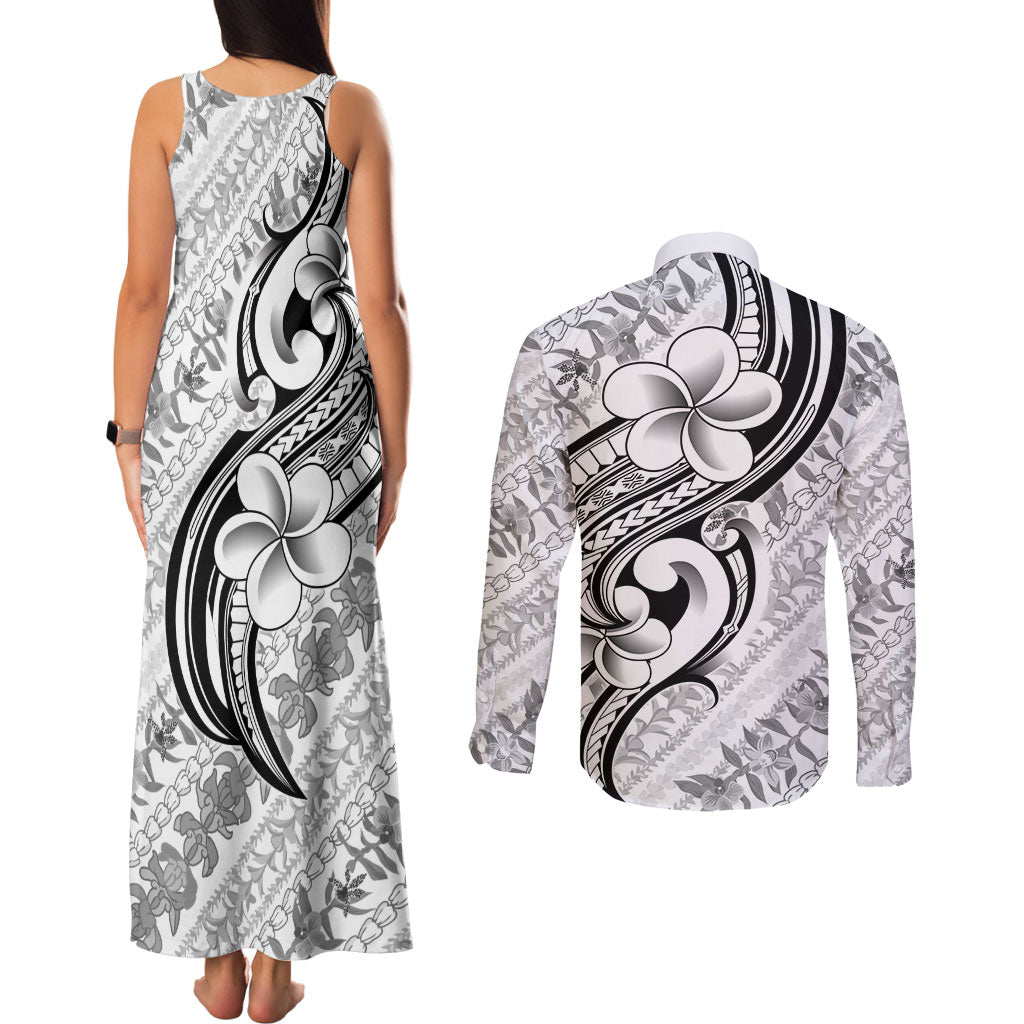 Hawaii Plumeria Lokelani Pikake Lei Couples Matching Tank Maxi Dress and Long Sleeve Button Shirt Ele'ele Polynesian Tattoo LT9 - Polynesian Pride