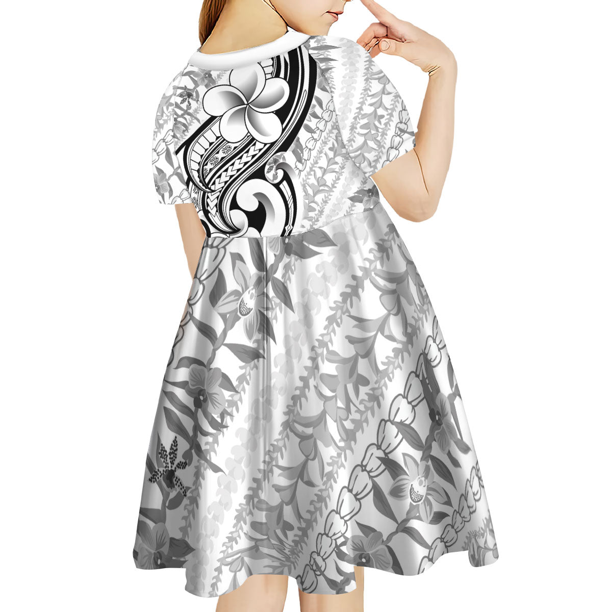 Hawaii Plumeria Lokelani Pikake Lei Kid Short Sleeve Dress Ele'ele Polynesian Tattoo