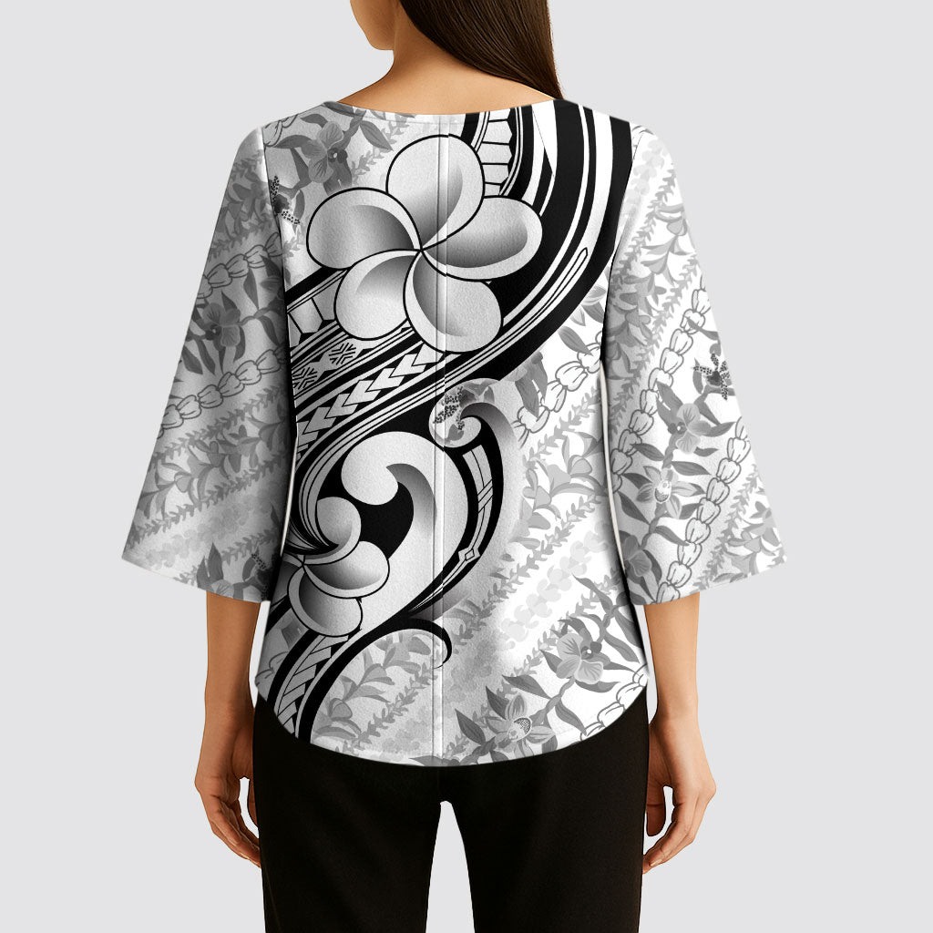 Hawaii Plumeria Lokelani Pikake Lei Kimono Sleeve Blouse Ele'ele Polynesian Tattoo
