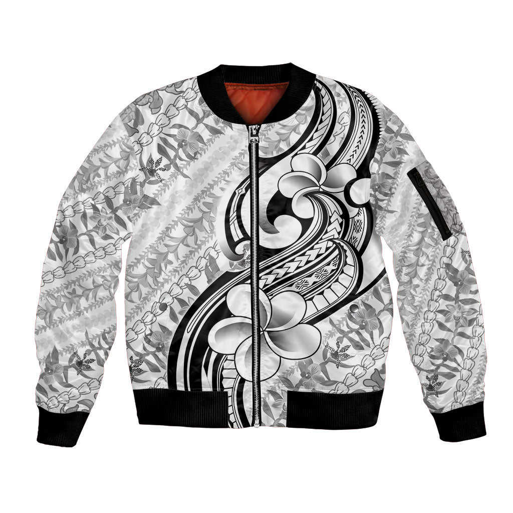 Hawaii Plumeria Lokelani Pikake Lei Sleeve Zip Bomber Jacket Ele'ele Polynesian Tattoo LT9 Unisex Black - Polynesian Pride