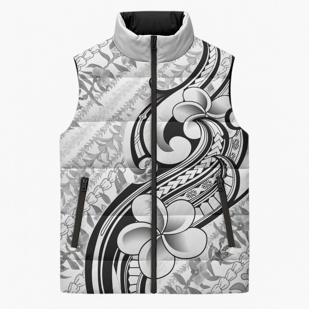 Hawaii Plumeria Lokelani Pikake Lei Sleeveless Puffer Jacket Ele'ele Polynesian Tattoo LT9 Unisex Black - Polynesian Pride
