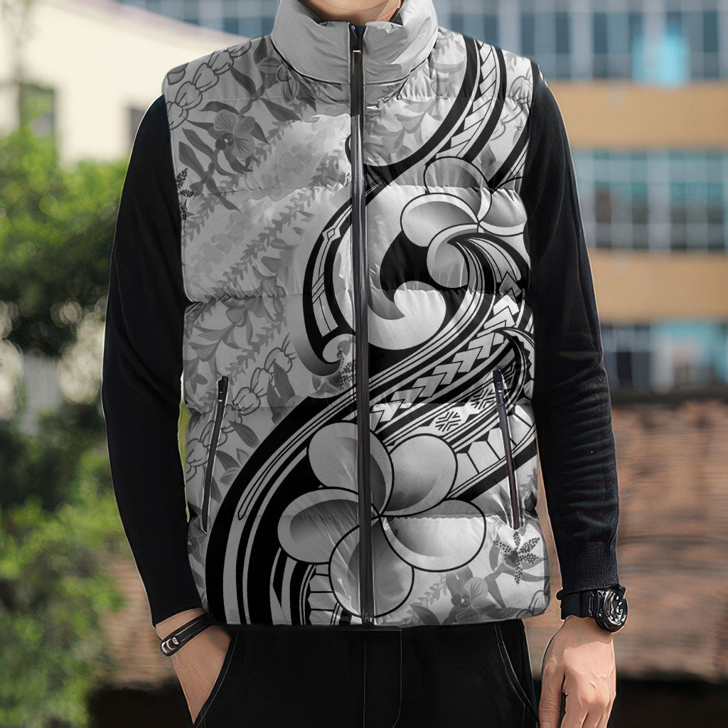 Hawaii Plumeria Lokelani Pikake Lei Sleeveless Puffer Jacket Ele'ele Polynesian Tattoo