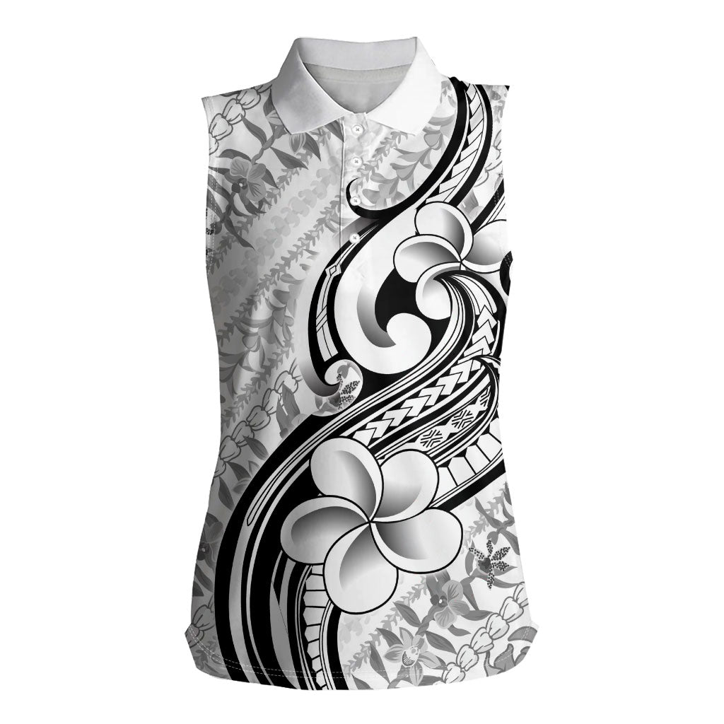 Hawaii Plumeria Lokelani Pikake Lei Women Sleeveless Polo Shirt Ele'ele Polynesian Tattoo LT9 Female Black - Polynesian Pride