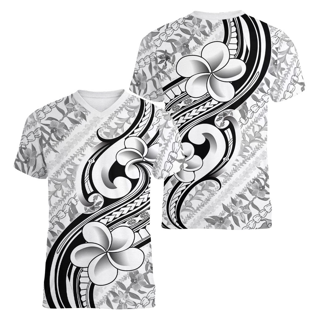 Hawaii Plumeria Lokelani Pikake Lei Women V-Neck T-Shirt Ele'ele Polynesian Tattoo LT9 - Polynesian Pride
