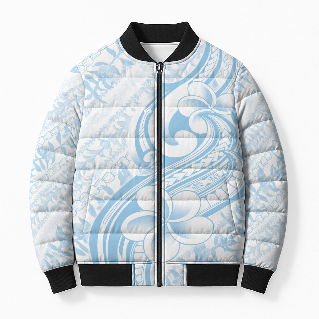 Hawaii Plumeria Lokelani Pikake Lei Bomber Puffer Jacket Uliuli Polynesian Tattoo LT9 Unisex Blue - Polynesian Pride