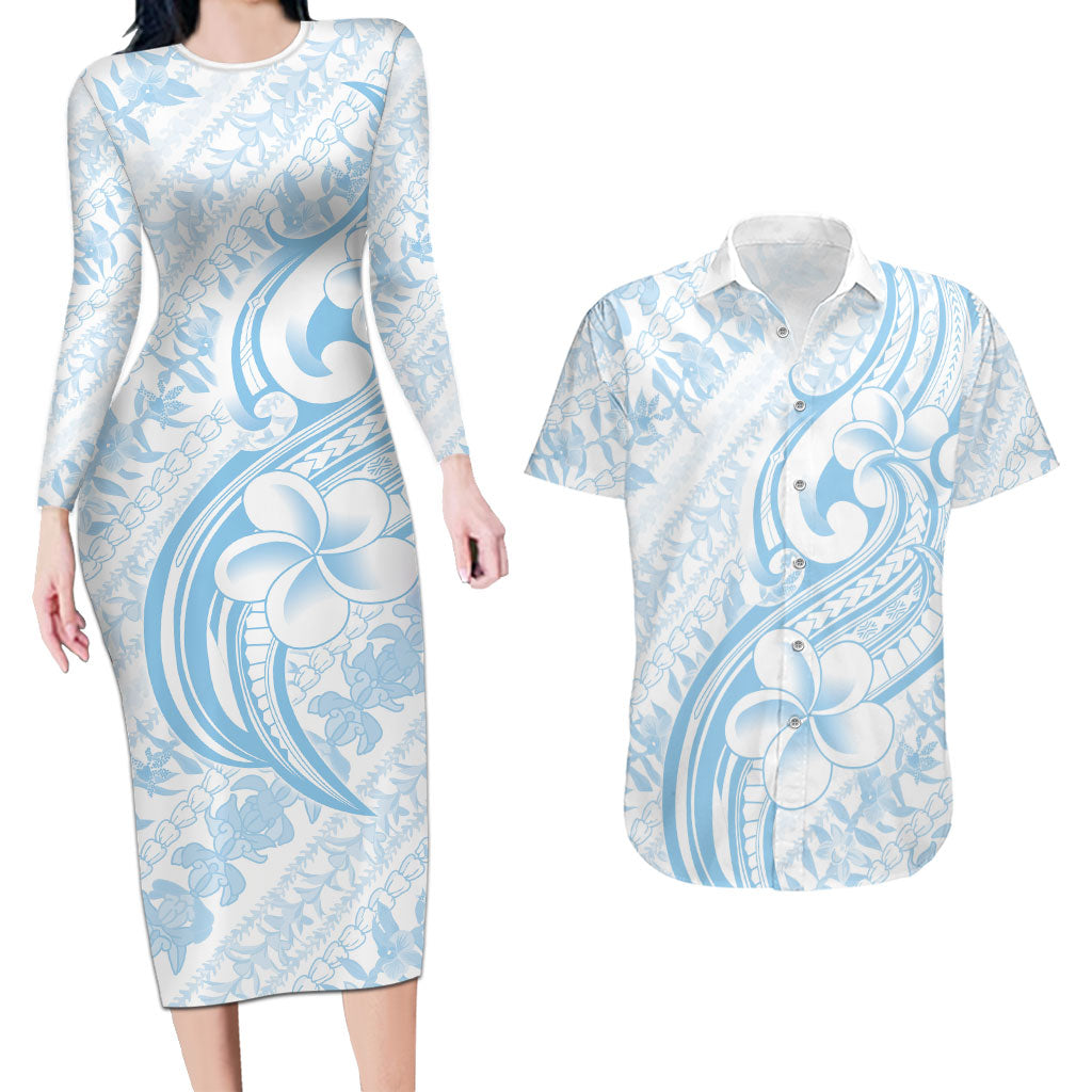 Hawaii Plumeria Lokelani Pikake Lei Couples Matching Long Sleeve Bodycon Dress and Hawaiian Shirt Uliuli Polynesian Tattoo