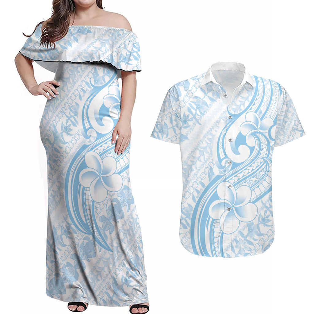 Hawaii Plumeria Lokelani Pikake Lei Couples Matching Off Shoulder Maxi Dress and Hawaiian Shirt Uliuli Polynesian Tattoo LT9 Blue - Polynesian Pride