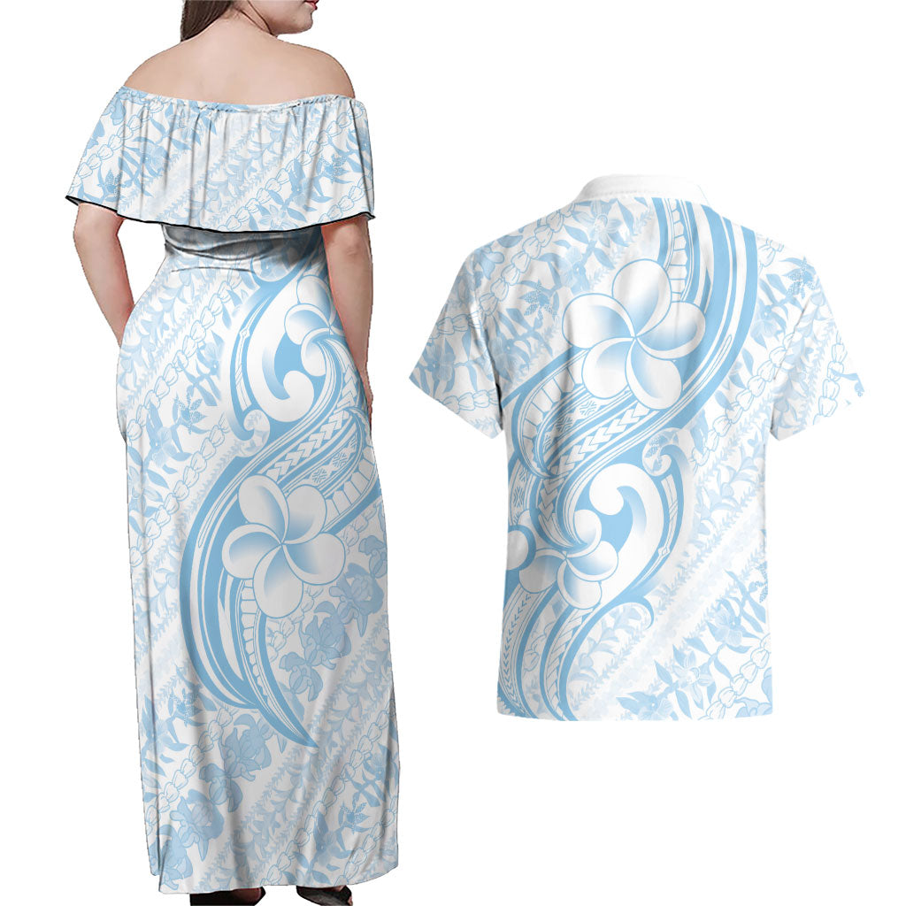 Hawaii Plumeria Lokelani Pikake Lei Couples Matching Off Shoulder Maxi Dress and Hawaiian Shirt Uliuli Polynesian Tattoo LT9 - Polynesian Pride