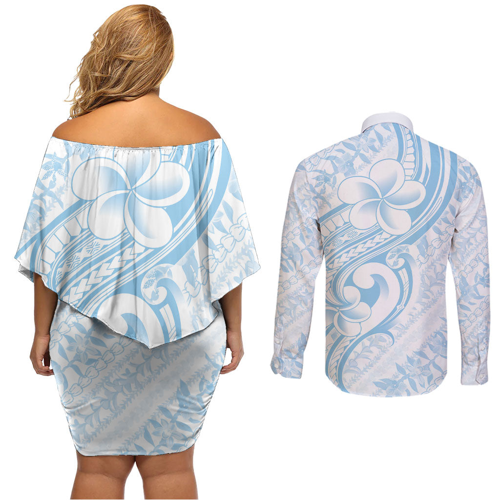 Hawaii Plumeria Lokelani Pikake Lei Couples Matching Off Shoulder Short Dress and Long Sleeve Button Shirt Uliuli Polynesian Tattoo LT9 - Polynesian Pride