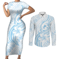 Hawaii Plumeria Lokelani Pikake Lei Couples Matching Short Sleeve Bodycon Dress and Long Sleeve Button Shirt Uliuli Polynesian Tattoo LT9 Blue - Polynesian Pride
