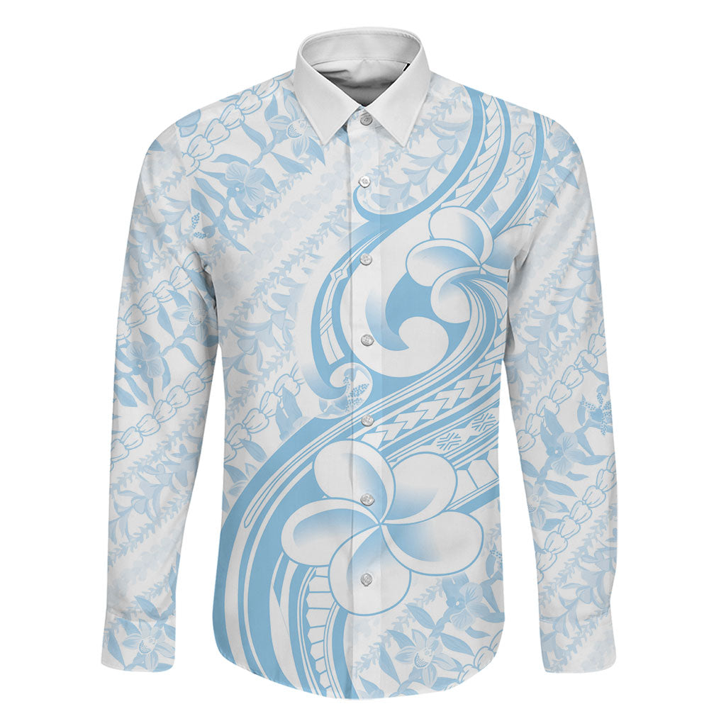 Hawaii Plumeria Lokelani Pikake Lei Family Matching Long Sleeve Bodycon Dress and Hawaiian Shirt Uliuli Polynesian Tattoo LT9 Dad's Shirt - Long Sleeve Blue - Polynesian Pride