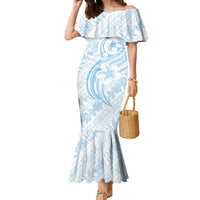 Hawaii Plumeria Lokelani Pikake Lei Family Matching Mermaid Dress and Hawaiian Shirt Uliuli Polynesian Tattoo LT9 Mom's Dress Blue - Polynesian Pride