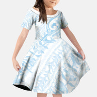 Hawaii Plumeria Lokelani Pikake Lei Family Matching Off The Shoulder Long Sleeve Dress and Hawaiian Shirt Uliuli Polynesian Tattoo LT9 Daughter's Dress Blue - Polynesian Pride