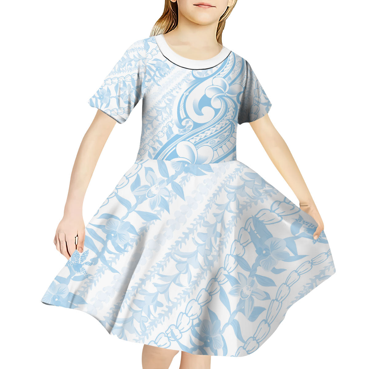 Hawaii Plumeria Lokelani Pikake Lei Kid Short Sleeve Dress Uliuli Polynesian Tattoo