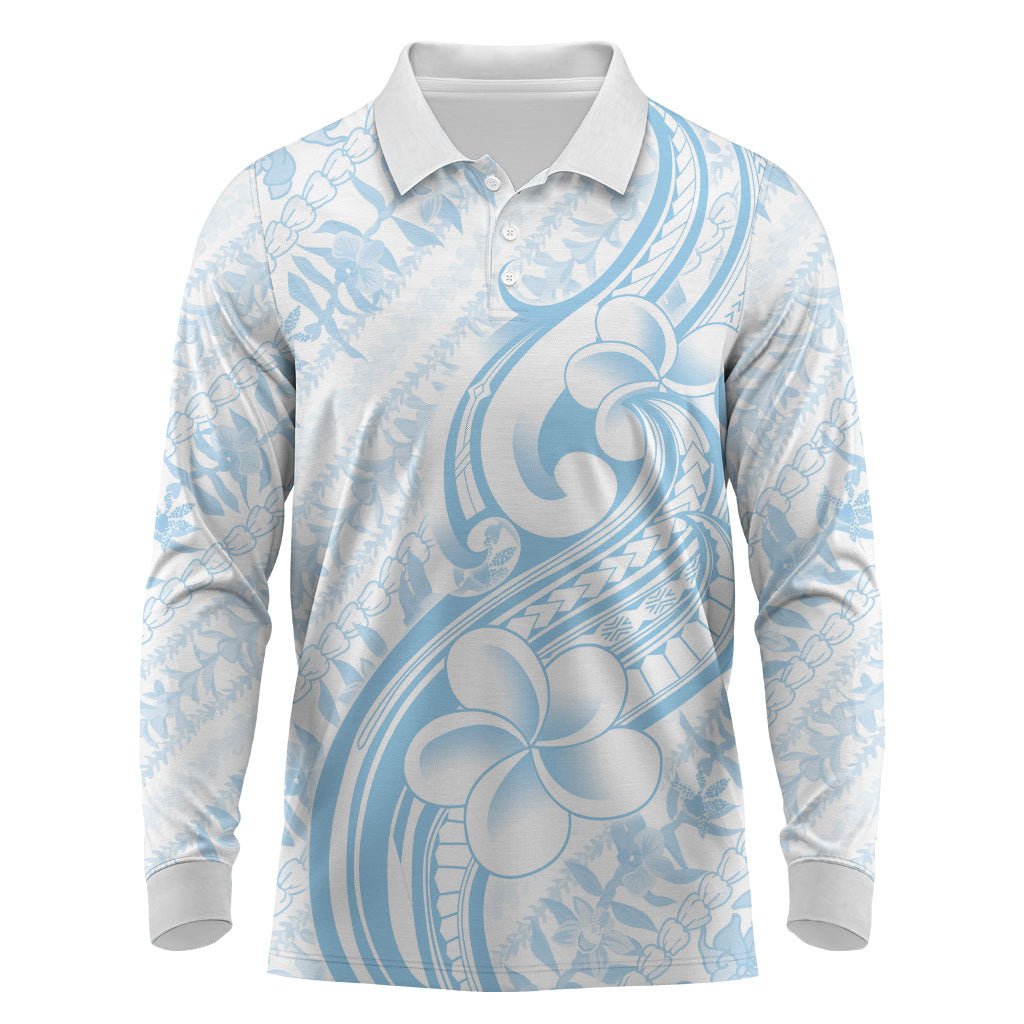 Hawaii Plumeria Lokelani Pikake Lei Long Sleeve Polo Shirt Uliuli Polynesian Tattoo LT9 Blue - Polynesian Pride