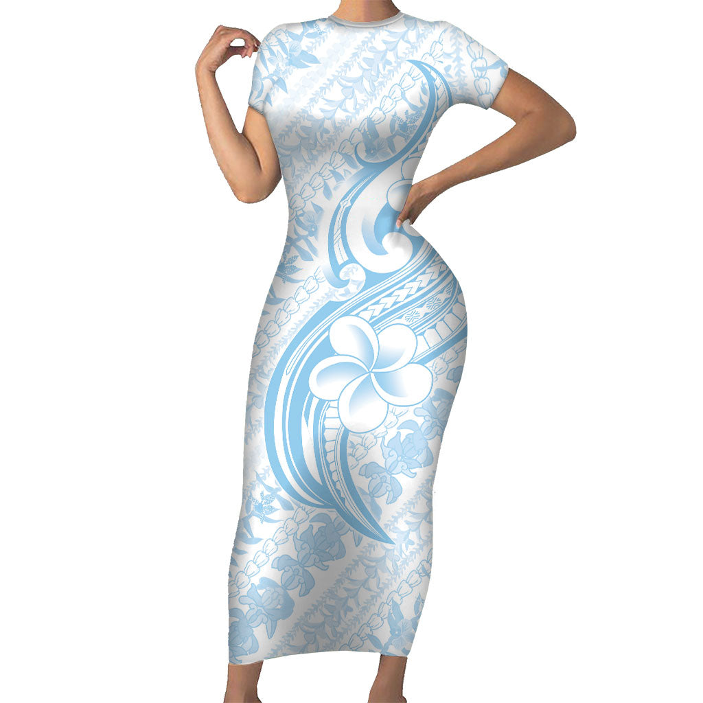 Hawaii Plumeria Lokelani Pikake Lei Short Sleeve Bodycon Dress Uliuli Polynesian Tattoo LT9 Long Dress Blue - Polynesian Pride