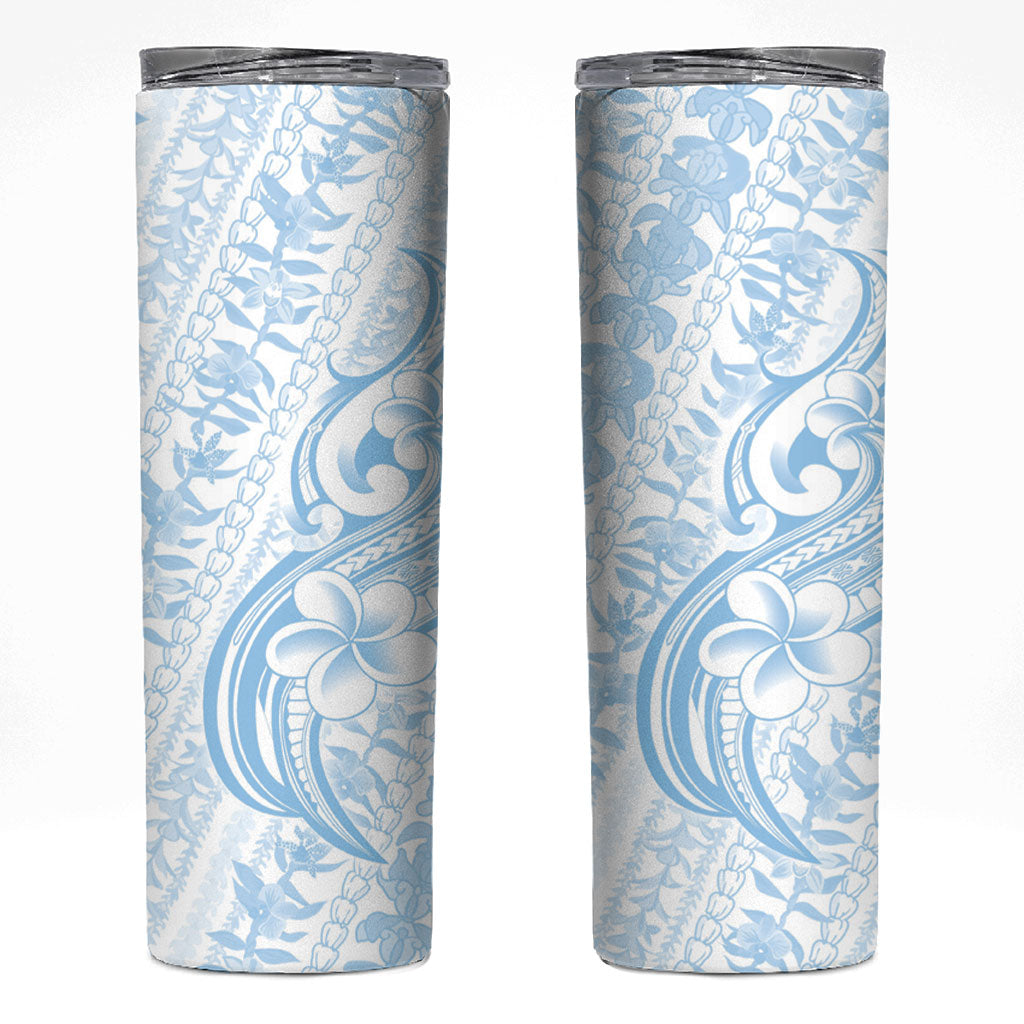 Hawaii Plumeria Lokelani Pikake Lei Skinny Tumbler Uliuli Polynesian Tattoo LT9 Blue - Polynesian Pride