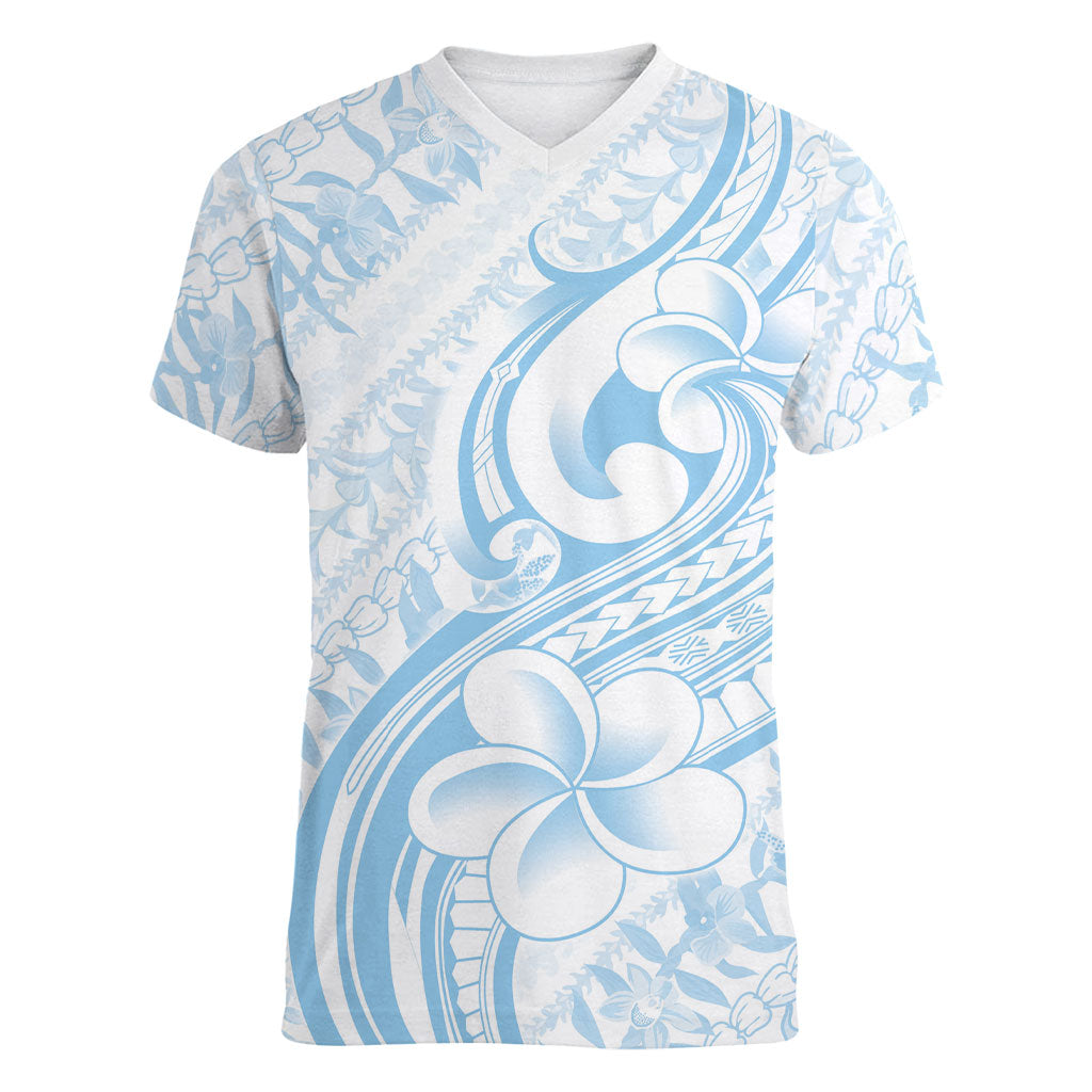 Hawaii Plumeria Lokelani Pikake Lei Women V-Neck T-Shirt Uliuli Polynesian Tattoo LT9 Female Blue - Polynesian Pride