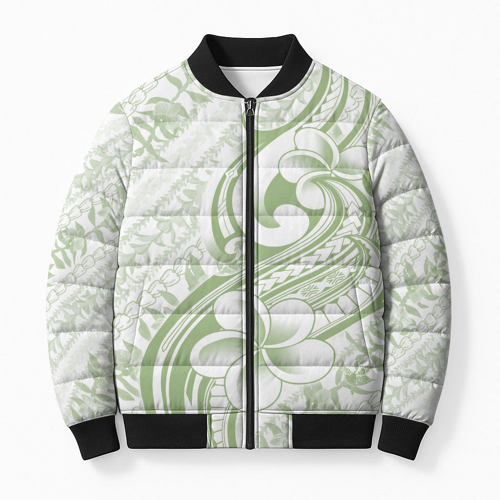 Hawaii Plumeria Lokelani Pikake Lei Bomber Puffer Jacket Oma'oma'o Polynesian Tattoo LT9 Unisex Green - Polynesian Pride