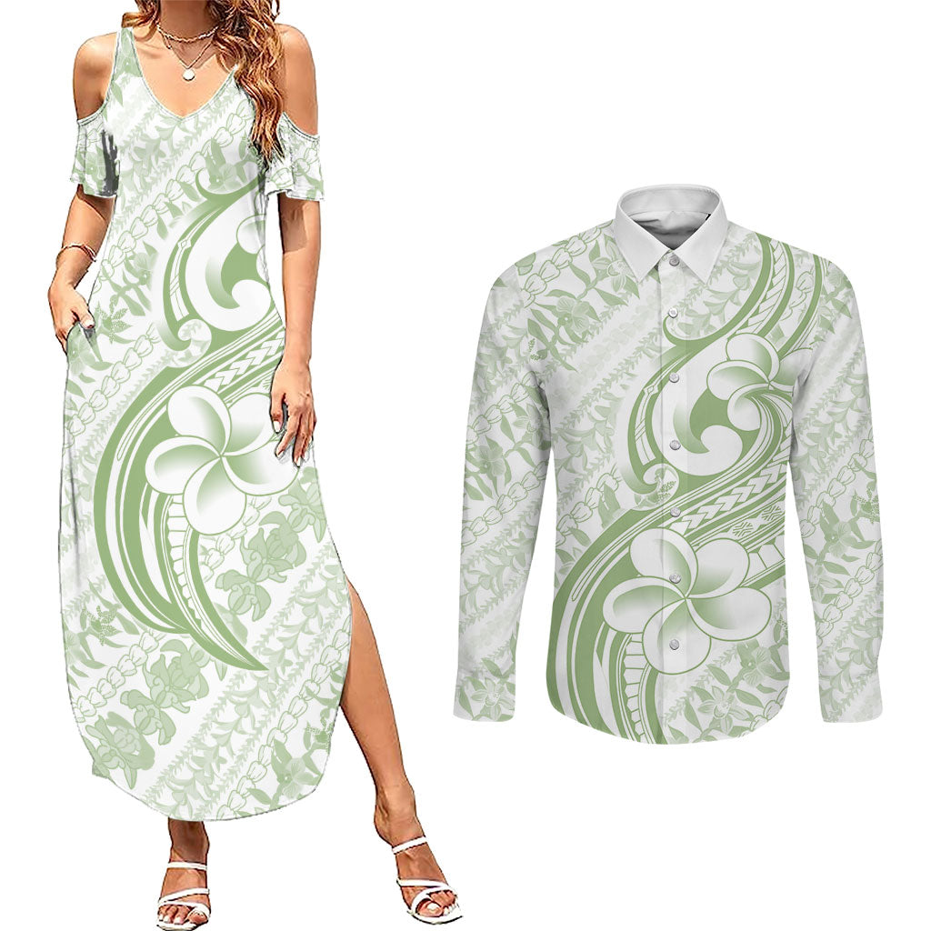 Hawaii Plumeria Lokelani Pikake Lei Couples Matching Summer Maxi Dress and Long Sleeve Button Shirt Oma'oma'o Polynesian Tattoo LT9 Green - Polynesian Pride